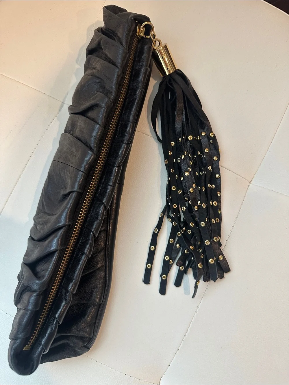 Steve Madden Black Ruched Leather Clutch with Tassel